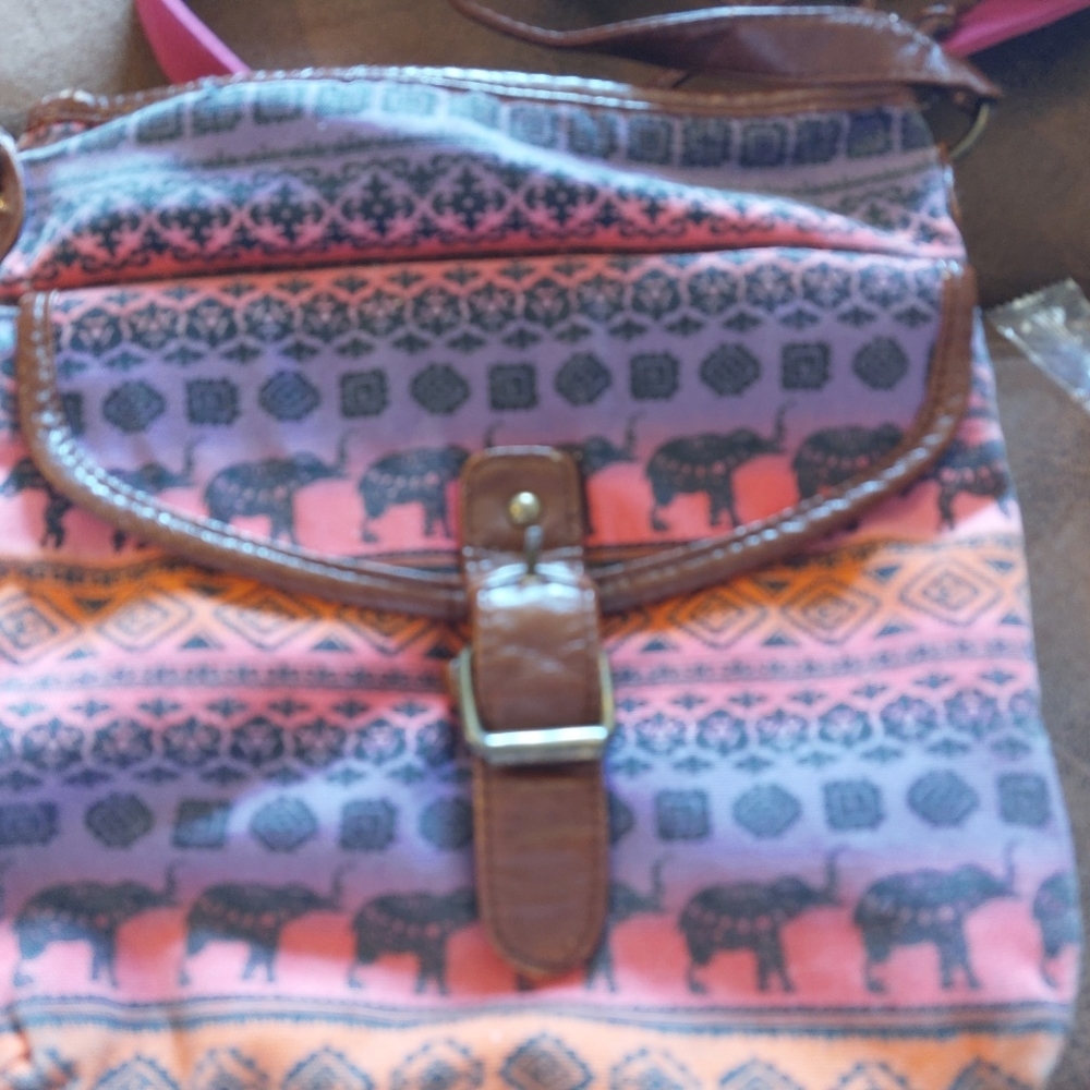 Brown and Pink Crossbody Bag with Patterned Design